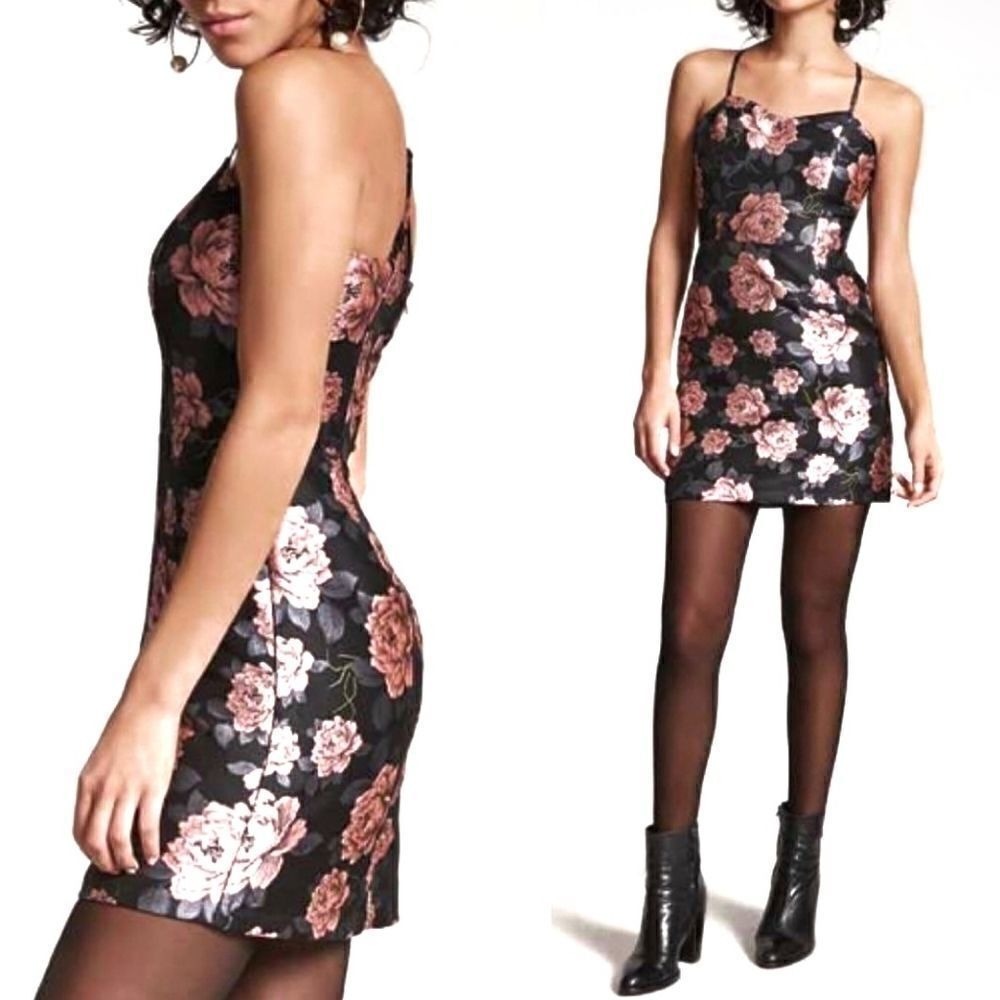 Forever 21 Pink Floral Jacquard Mini Dress Black Rose Cross Back Straps Size M